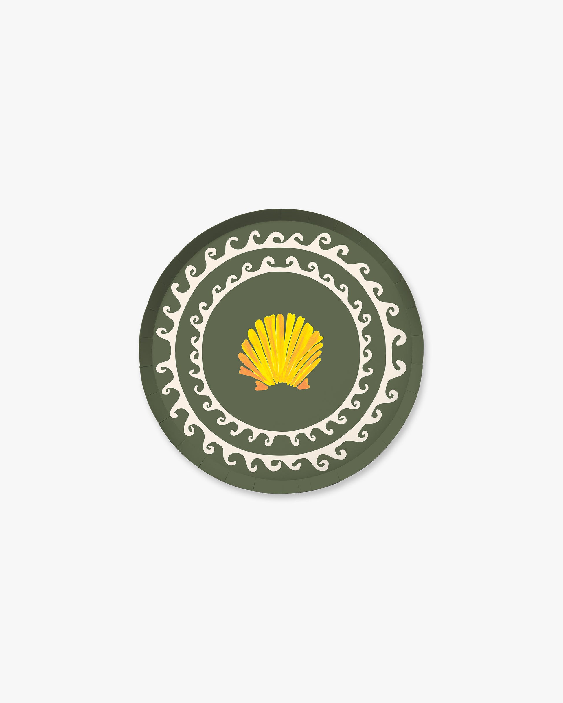 Round paper plate with a yellow shell design on a green background