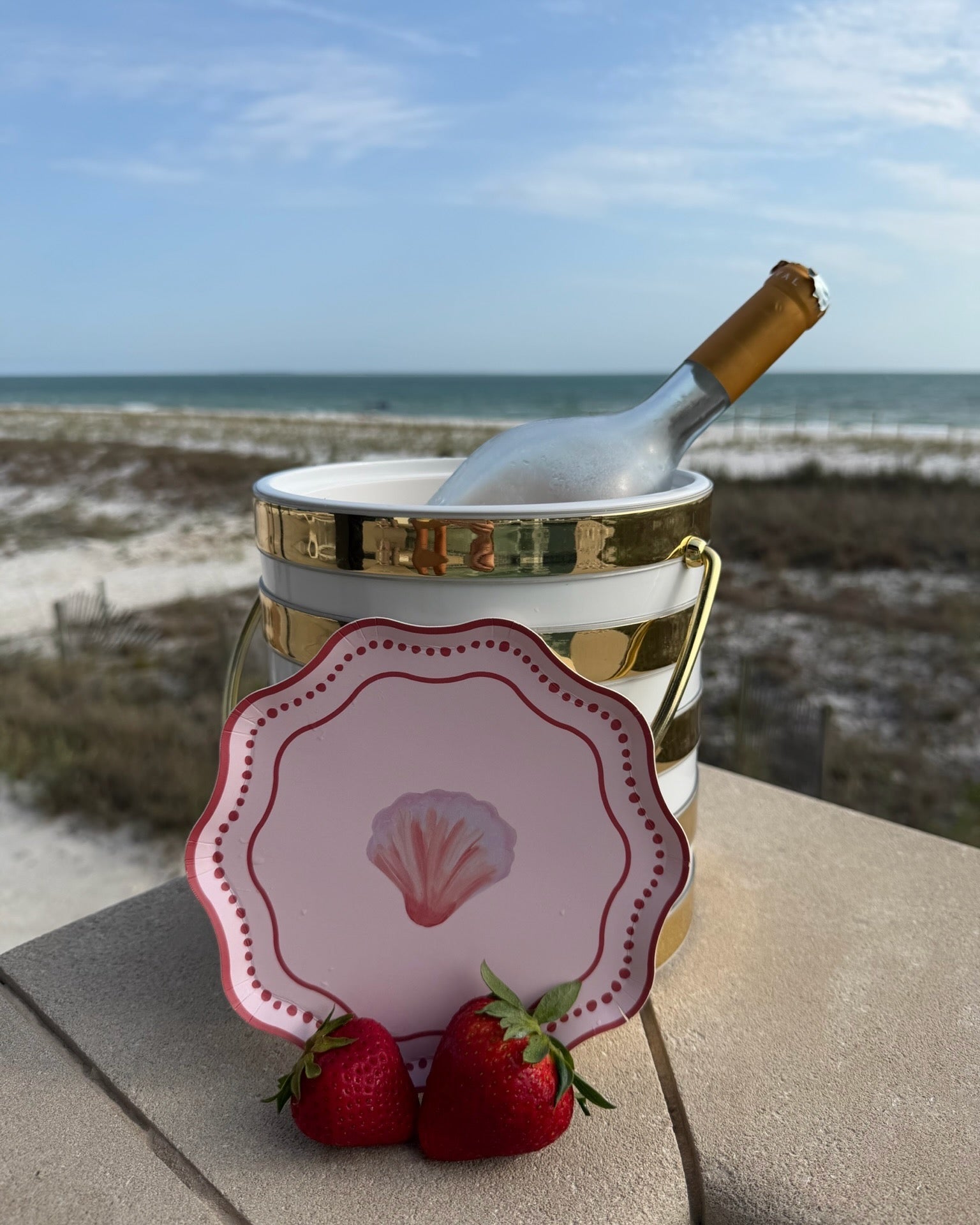 A pink plate with a shell set up against a bottle of wine and the beach in the background