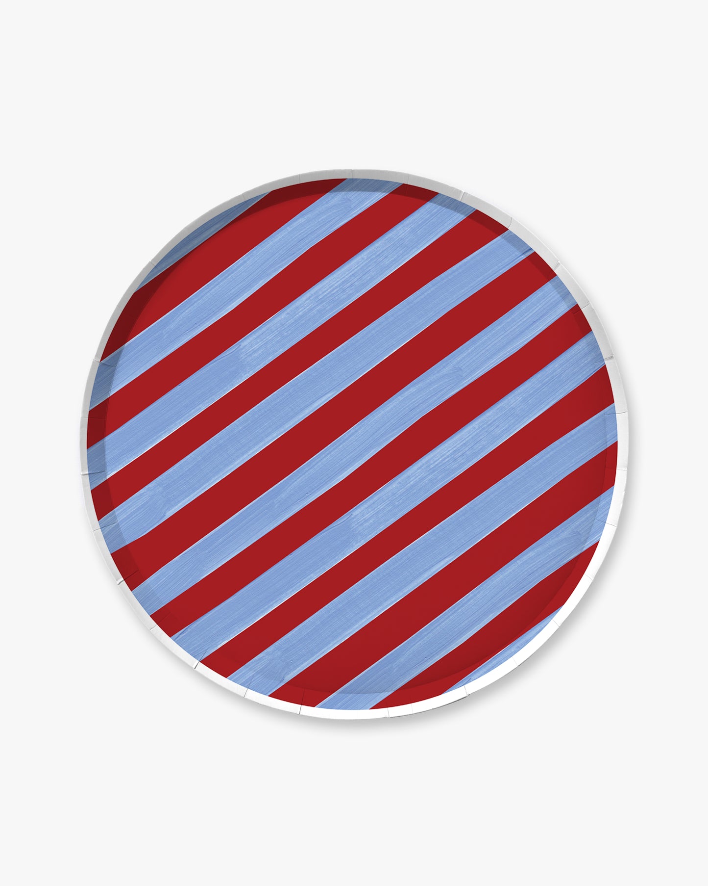 Round plate with red and blue diagonal stripes on a white background