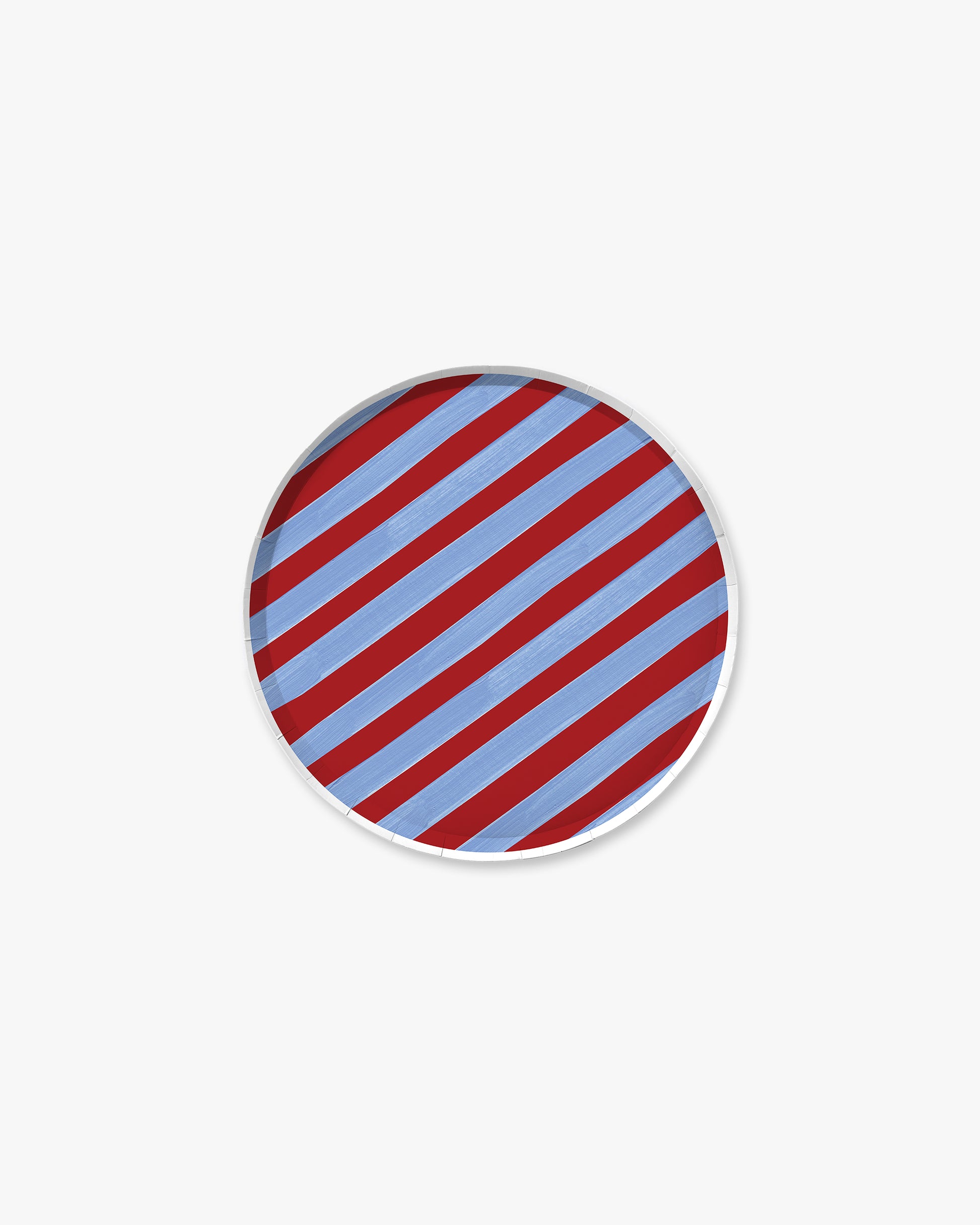 round plate with red and blue diagonal stripes on a white background