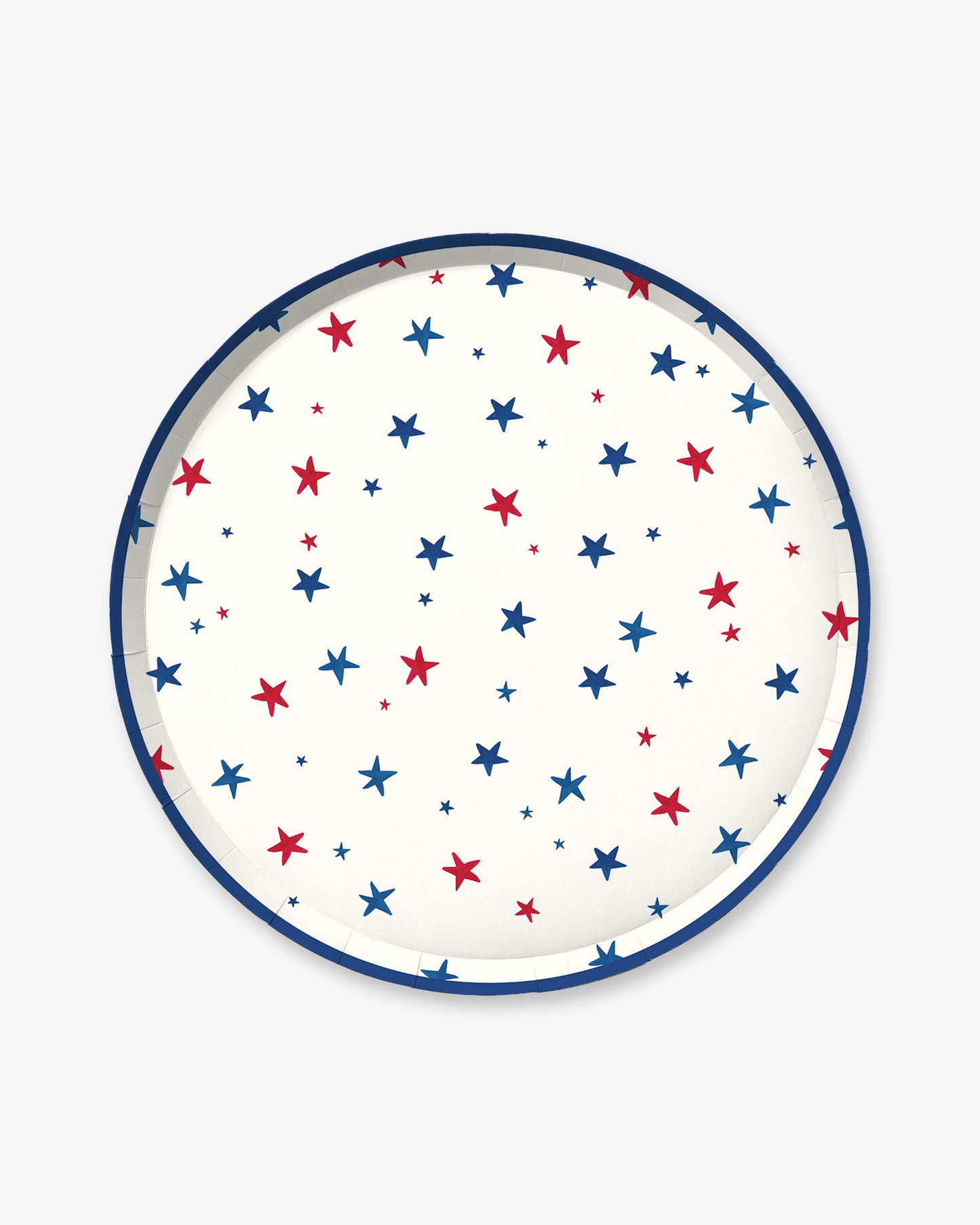 Round plate with red and blue star pattern on a white background