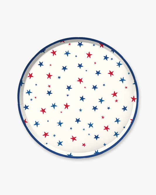 Round plate with red and blue star pattern on a white background