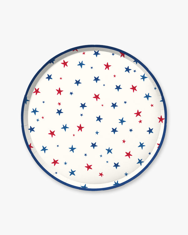 Round plate with red and blue star pattern on a white background