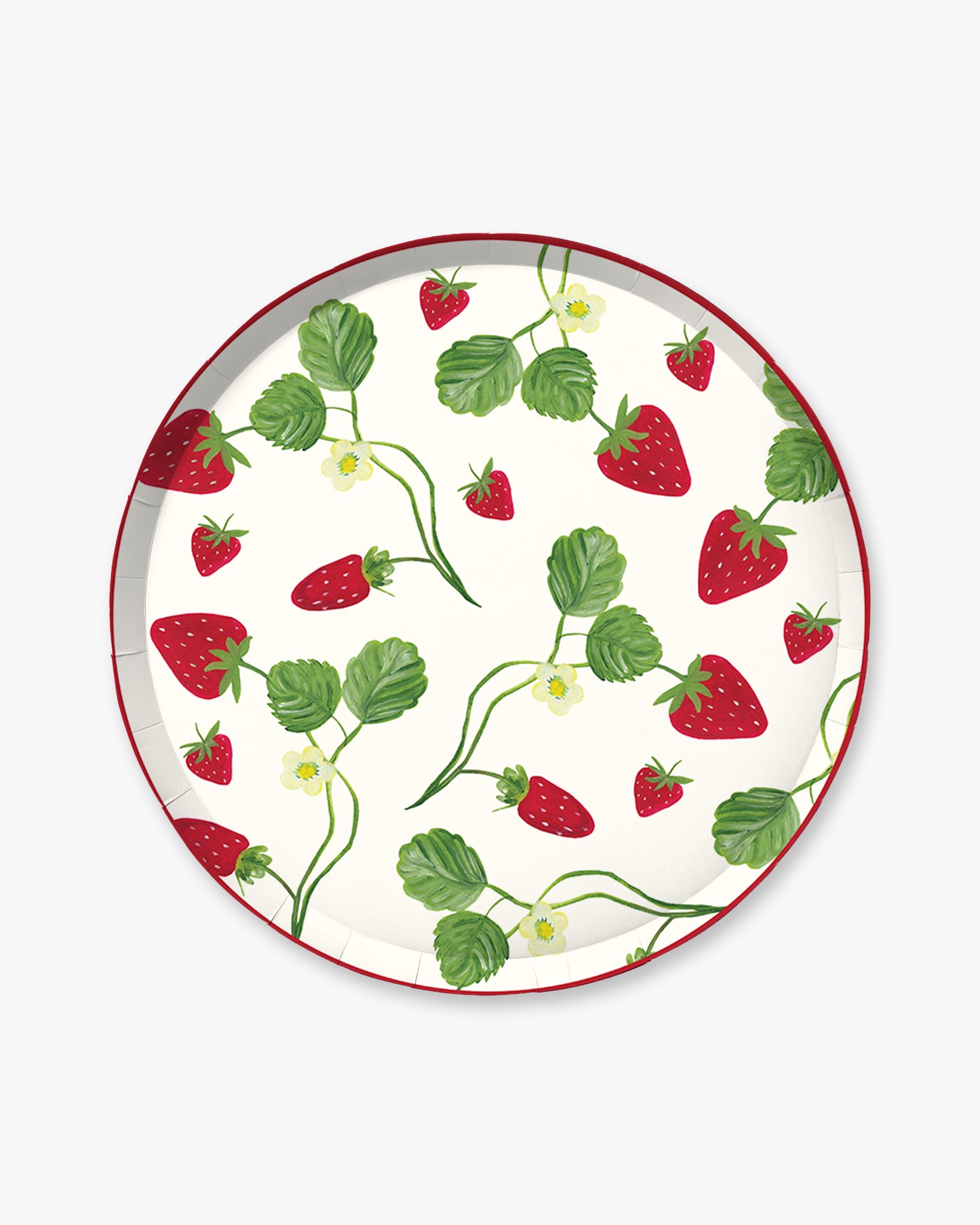 A white plate with strawberries on the vine