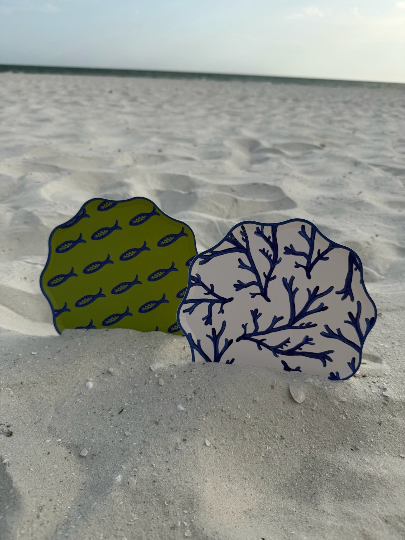 Two decorative plates in the sand
