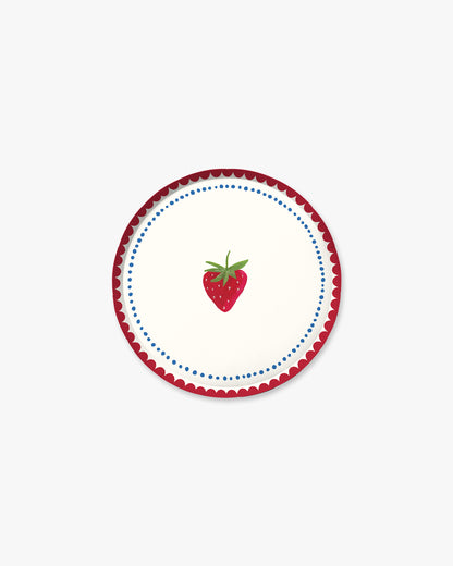 Round plate with a strawberry design on a white background
