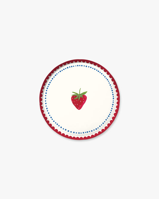Round plate with a strawberry design on a white background
