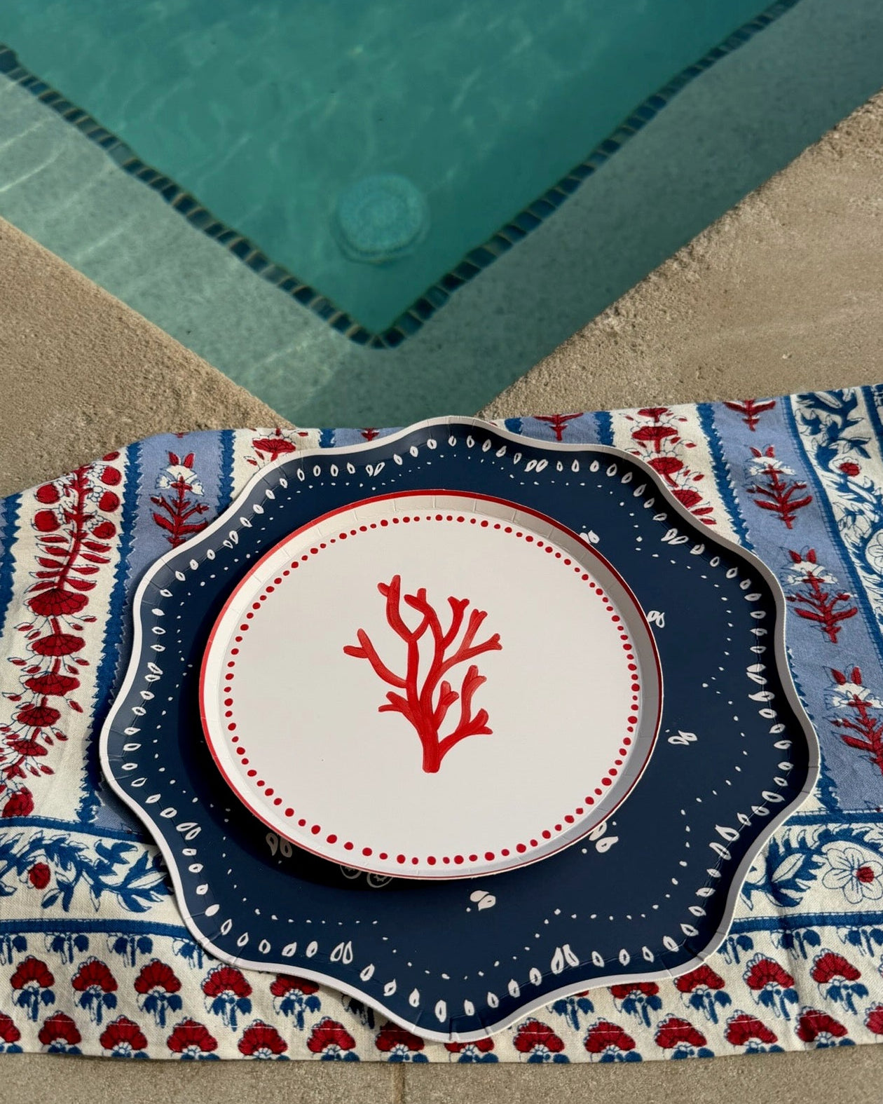 two decorative plates next to a pool