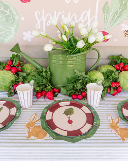 A spring table setting with tulips and radishes