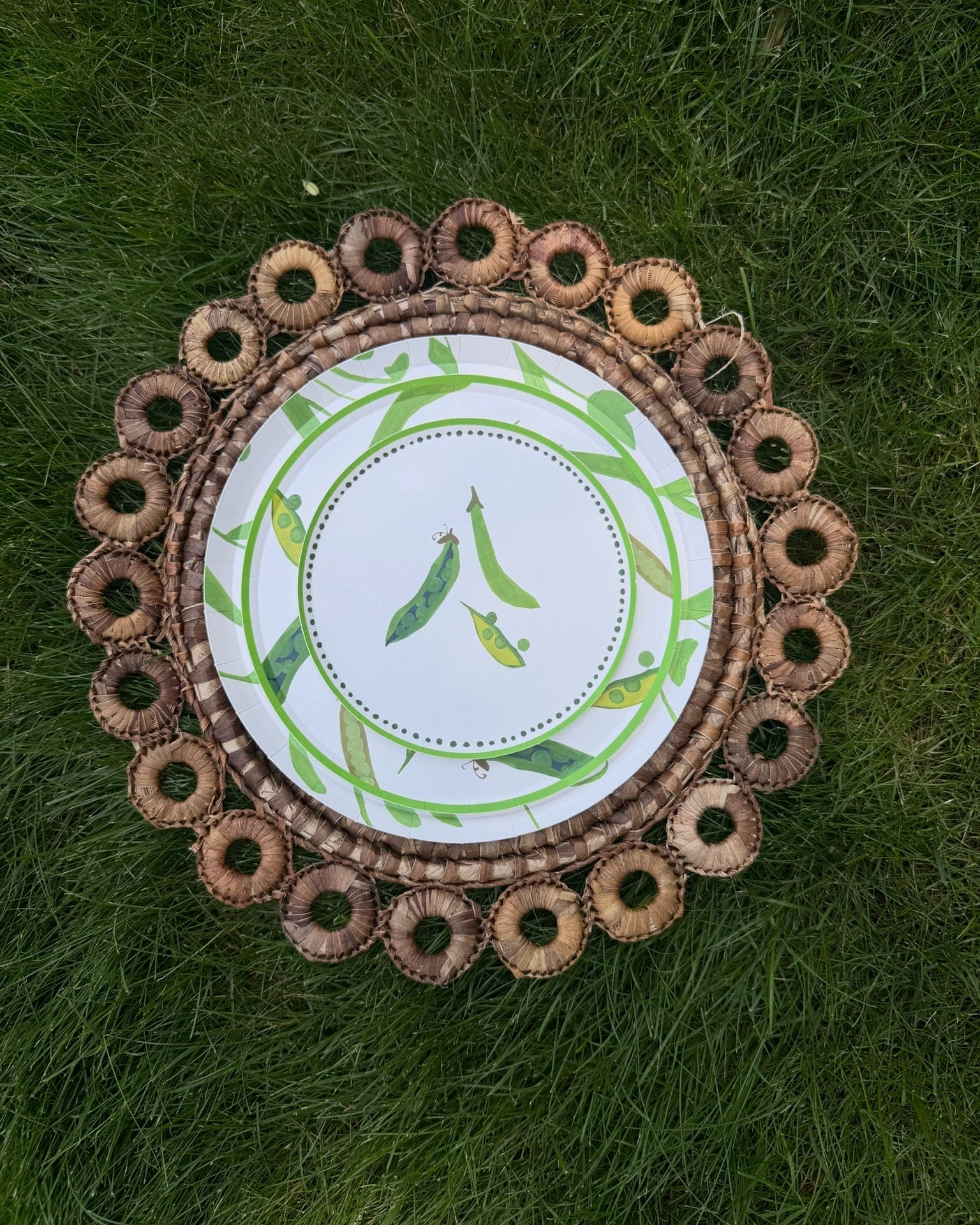 layered plates on grass
