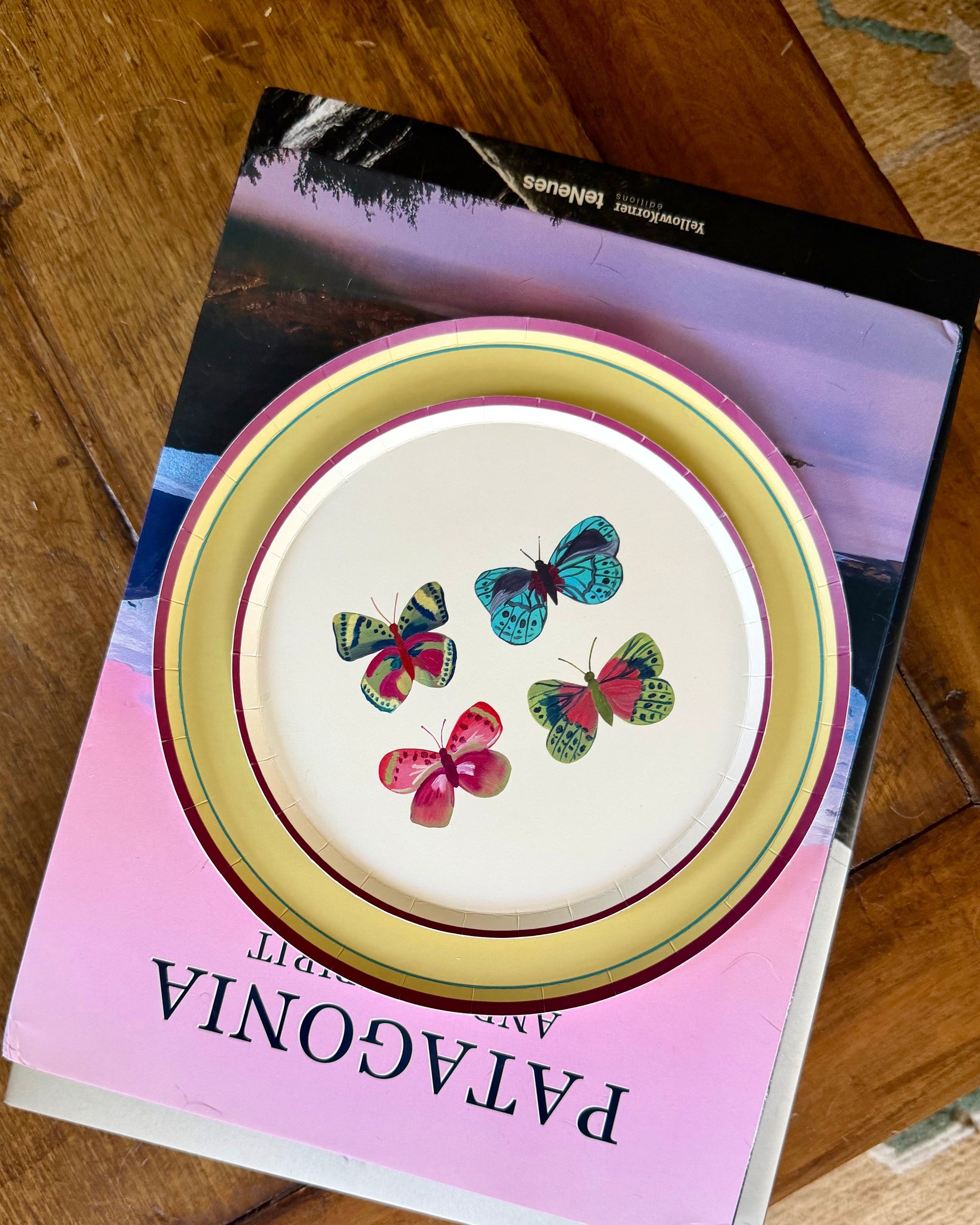 A round plate with a cream center, a yellow rim, and colorful butterfly illustrations, resting on top of a Patagonia book on a wooden table.