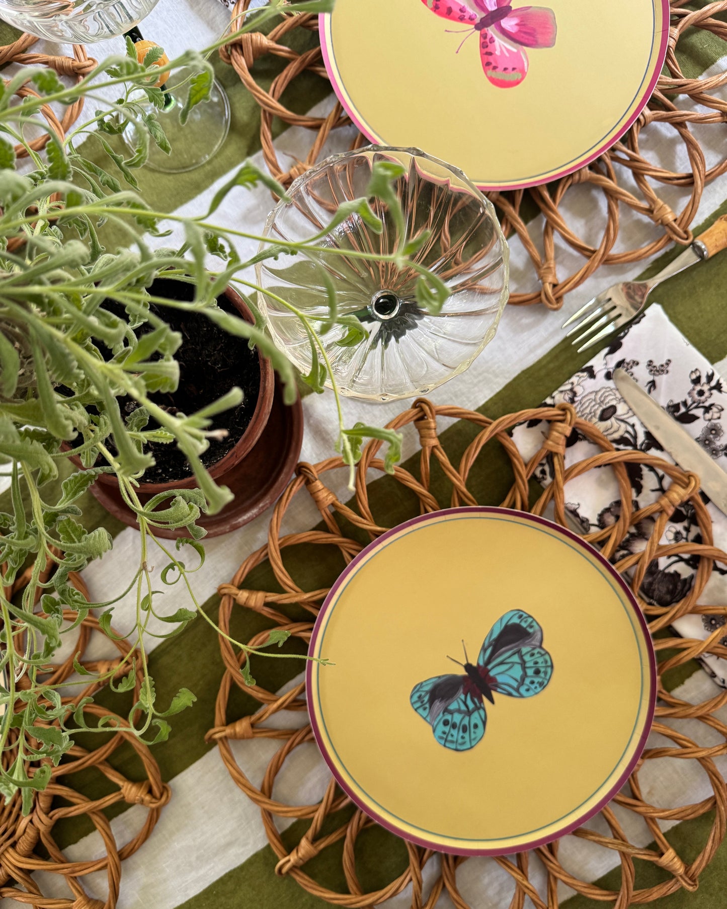 A styled tabletop setting featuring two round plates with butterfly illustrations, woven round placemats, a striped tablecloth, and green foliage.